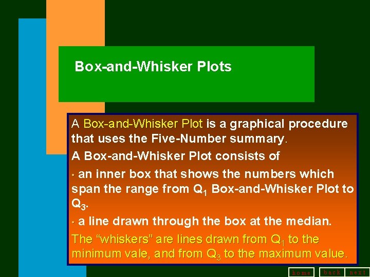 Box-and-Whisker Plots A Box-and-Whisker Plot is a graphical procedure that uses the Five-Number summary.