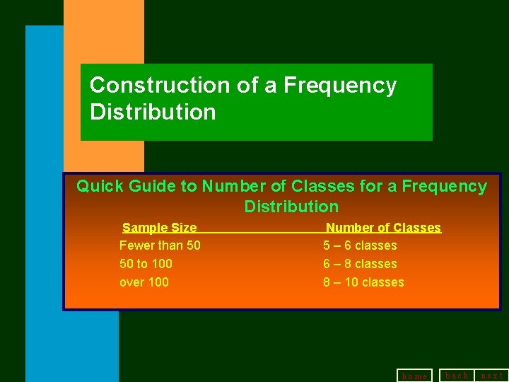 Construction of a Frequency Distribution Quick Guide to Number of Classes for a Frequency Construction of a Frequency Distribution Quick Guide to Number of Classes for a Frequency