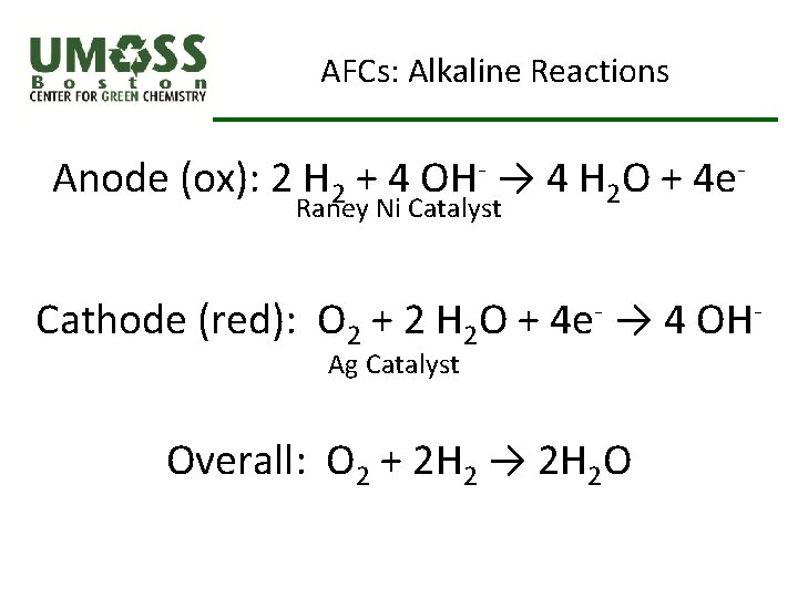 AFCs: Alkaline Reactions Anode (ox): 2 H 2 + 4 OH- → 4 H