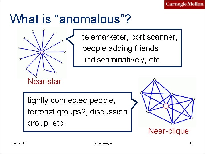 What is “anomalous”? telemarketer, port scanner, people adding friends indiscriminatively, etc. Near-star tightly connected