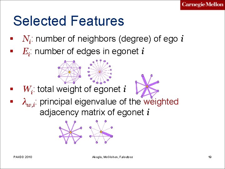 Selected Features § § Ni: number of neighbors (degree) of ego i Ei: number