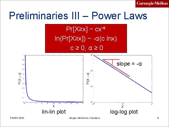 Preliminaries III – Power Laws Pr[X≥x] ~ cx-α ln(Pr[X≥x]) ~ -α(c lnx) c ≥