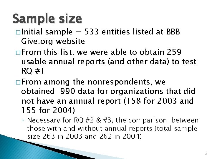 Sample size � Initial sample = 533 entities listed at BBB Give. org website