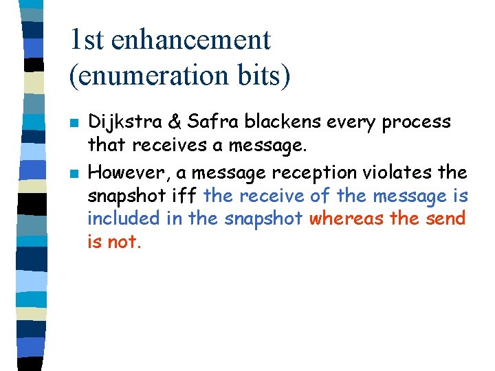 1 st enhancement (enumeration bits) n n Dijkstra & Safra blackens every process that