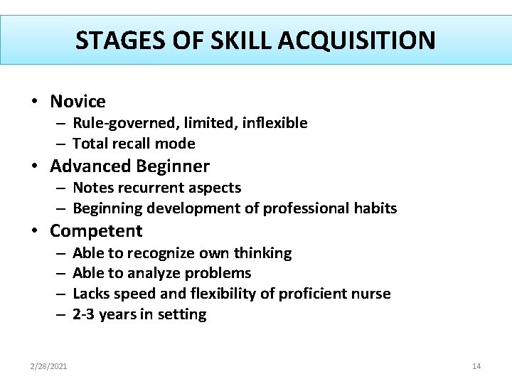 STAGES OF SKILL ACQUISITION • Novice – Rule-governed, limited, inflexible – Total recall mode