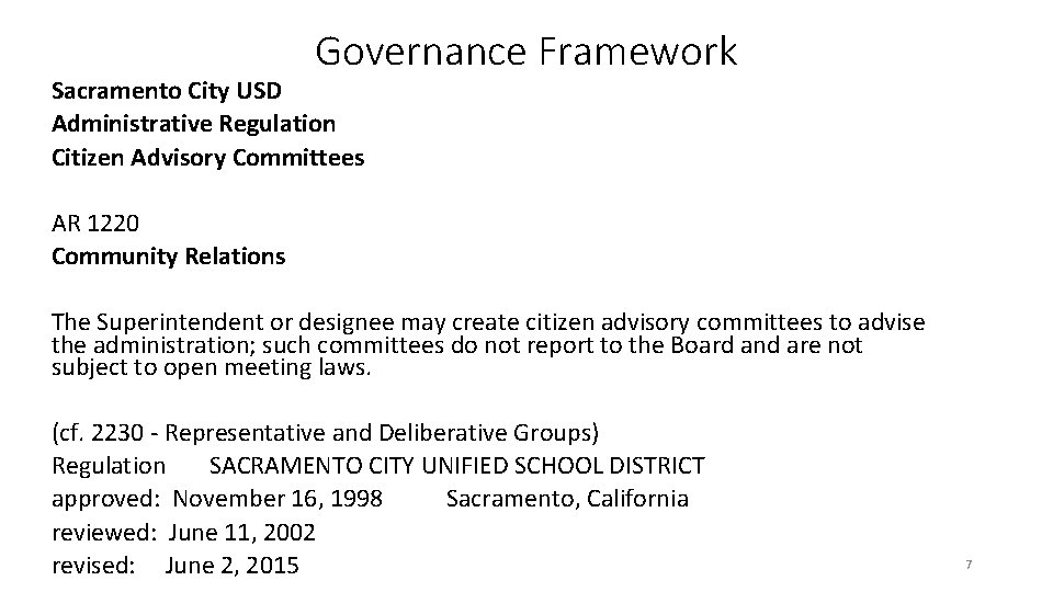 Governance Framework Sacramento City USD Administrative Regulation Citizen Advisory Committees AR 1220 Community Relations