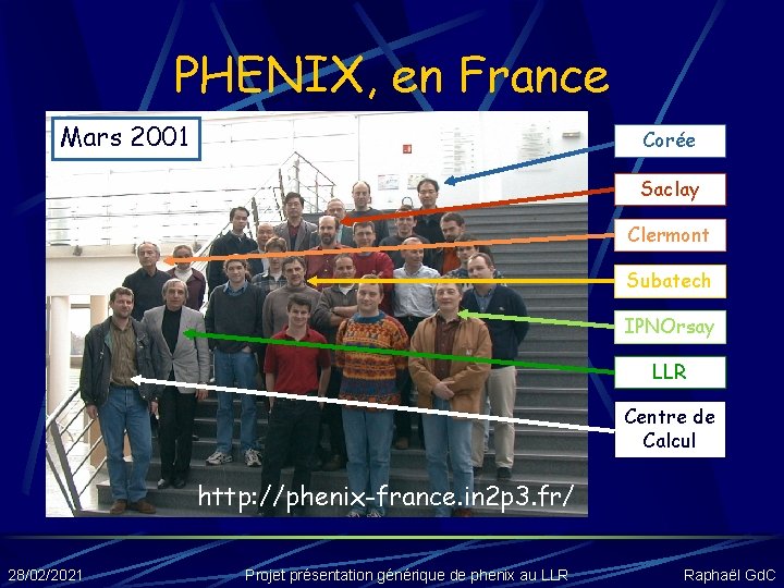 PHENIX, en France Mars 2001 N physiciens, etc. Corée Saclay Clermont Subatech IPNOrsay LLR