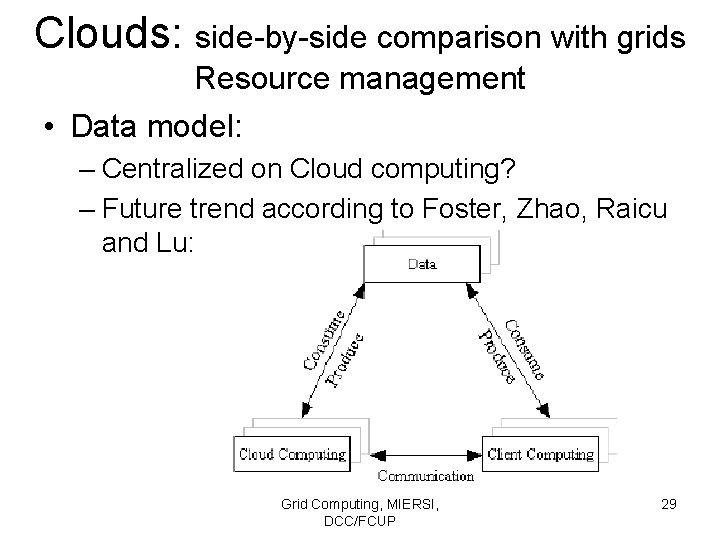 Clouds: side-by-side comparison with grids Resource management • Data model: – Centralized on Cloud