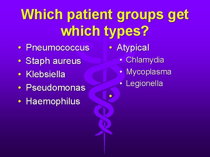 Which patient groups get which types? • • • Pneumococcus Staph aureus Klebsiella Pseudomonas Which patient groups get which types? • • • Pneumococcus Staph aureus Klebsiella Pseudomonas
