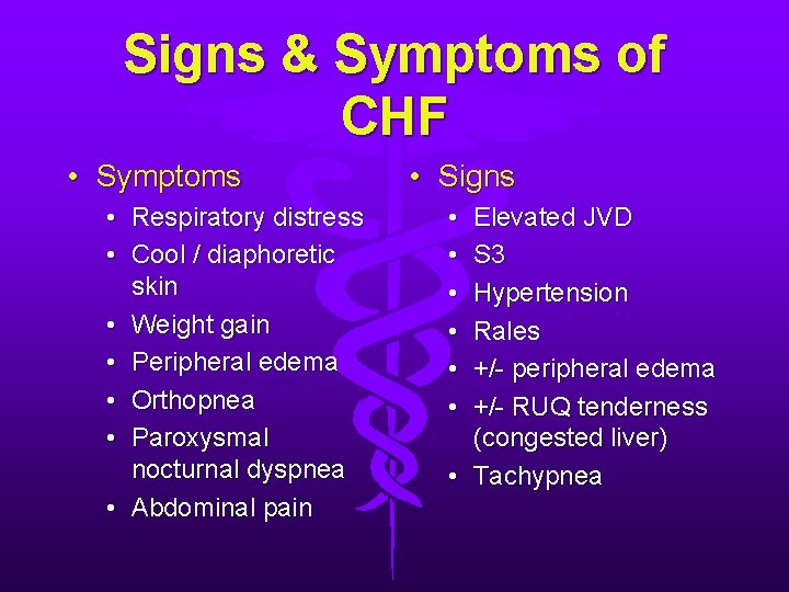 Signs & Symptoms of CHF • Symptoms • Respiratory distress • Cool / diaphoretic Signs & Symptoms of CHF • Symptoms • Respiratory distress • Cool / diaphoretic