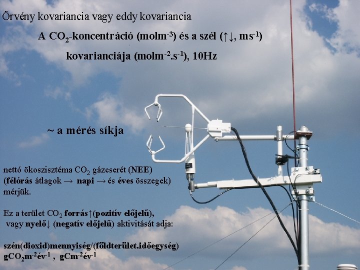 Örvény kovariancia vagy eddy kovariancia A CO 2 -koncentráció (molm-3) és a szél (↑↓,