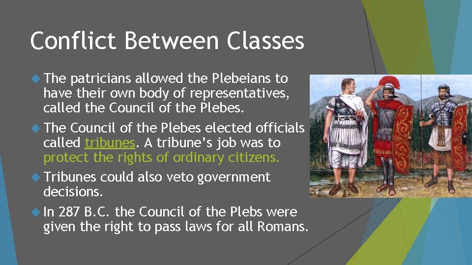 Conflict Between Classes The patricians allowed the Plebeians to have their own body of