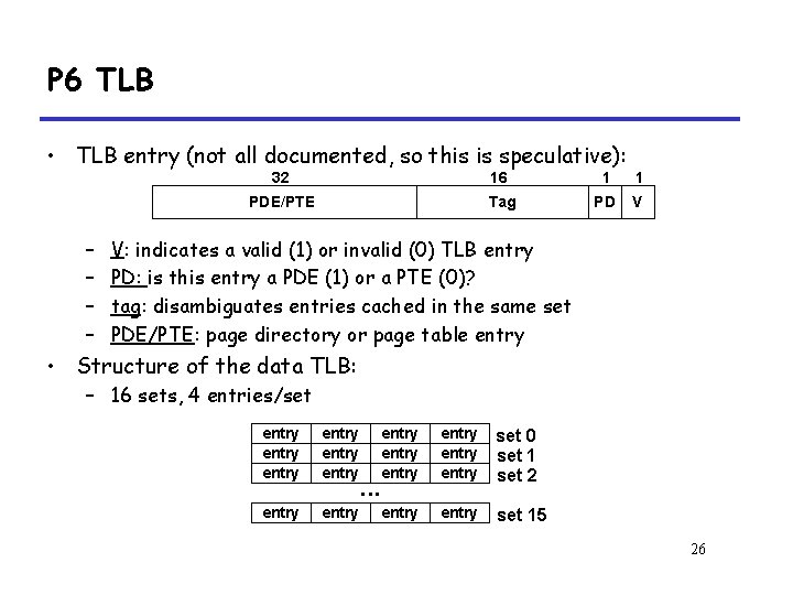 P 6 TLB • TLB entry (not all documented, so this is speculative): –