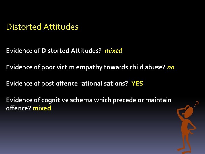 Distorted Attitudes Evidence of Distorted Attitudes? mixed Evidence of poor victim empathy towards child