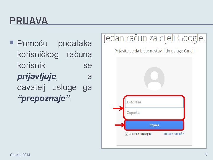 PRIJAVA § Pomoću podataka korisničkog računa korisnik se prijavljuje, a davatelj usluge ga “prepoznaje”.