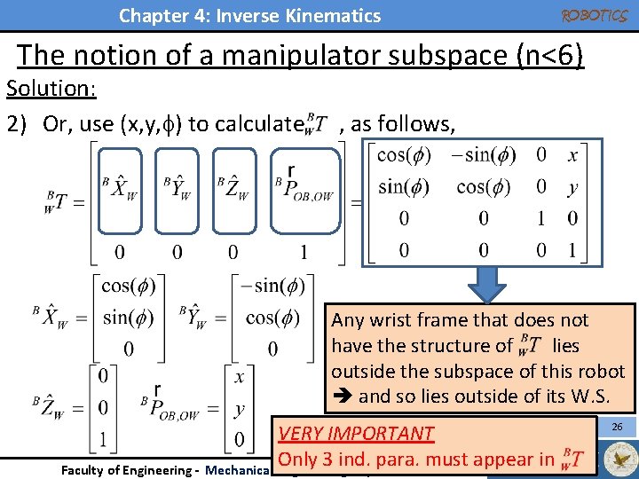 Chapter 4: Inverse Kinematics ROBOTICS The notion of a manipulator subspace (n<6) Solution: 2)