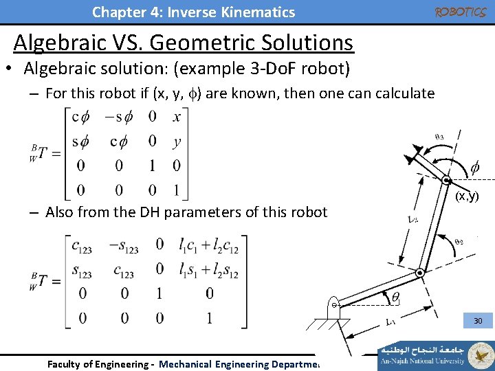 Chapter 4: Inverse Kinematics ROBOTICS Algebraic VS. Geometric Solutions • Algebraic solution: (example 3