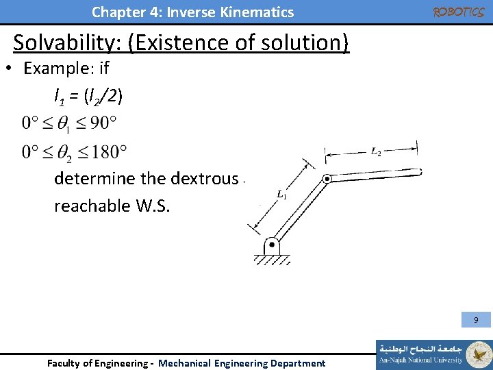 Chapter 4: Inverse Kinematics ROBOTICS Solvability: (Existence of solution) • Example: if l 1