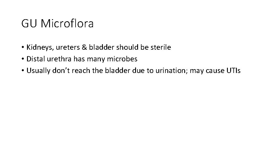 GU Microflora • Kidneys, ureters & bladder should be sterile • Distal urethra has