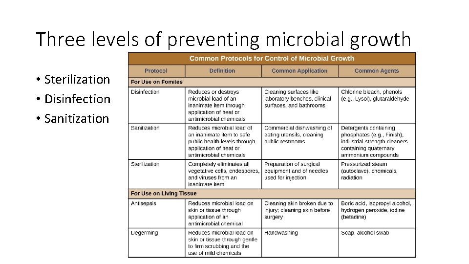 Three levels of preventing microbial growth • Sterilization • Disinfection • Sanitization 