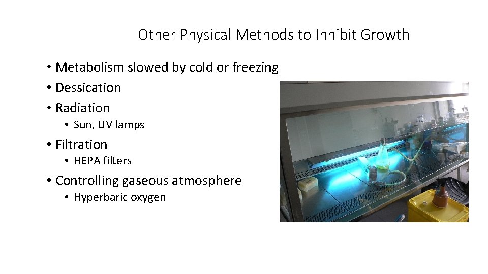 Other Physical Methods to Inhibit Growth • Metabolism slowed by cold or freezing •