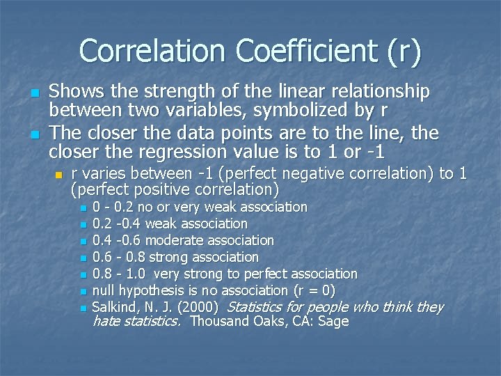 Correlation Coefficient (r) n n Shows the strength of the linear relationship between two