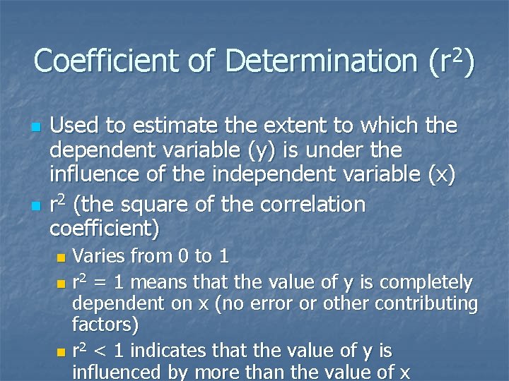 Coefficient of Determination (r 2) n n Used to estimate the extent to which