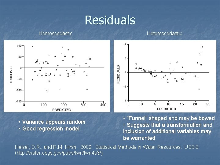 Residuals Homoscedastic • Variance appears random • Good regression model Heteroscedastic • “Funnel” shaped