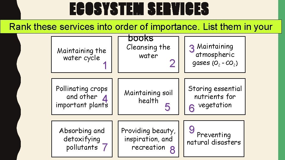 ECOSYSTEM SERVICES Rank these services into order of importance. List them in your books
