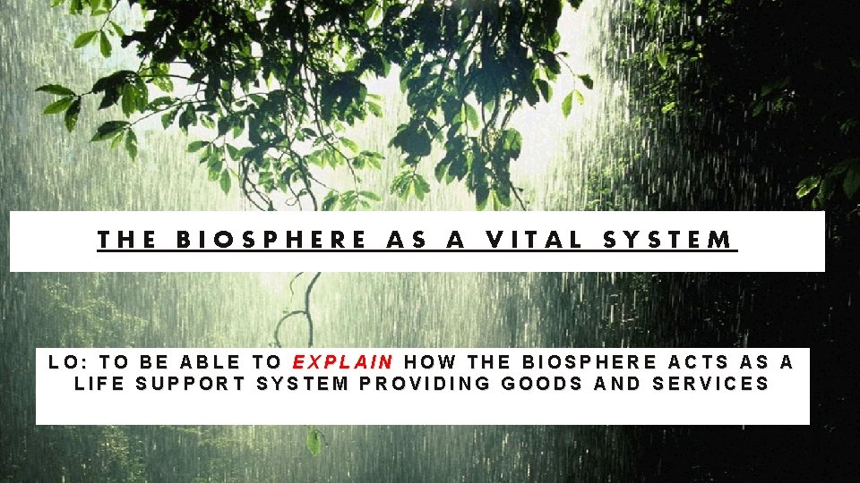 THE BIOSPHERE AS A VITAL SYSTEM LO: TO BE ABLE TO EXPLAIN HOW THE