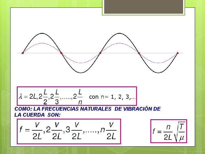 COMO: LA FRECUENCIAS NATURALES DE VIBRACIÓN DE LA CUERDA SON: 