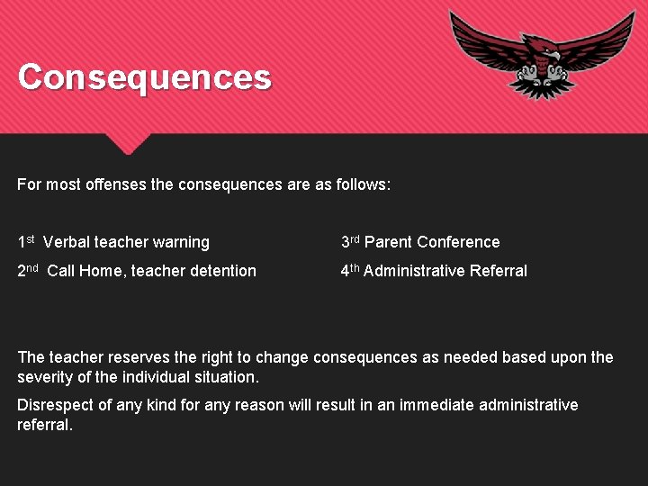 Consequences For most offenses the consequences are as follows: 1 st Verbal teacher warning
