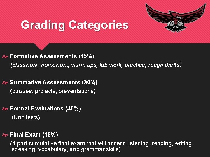 Grading Categories Formative Assessments (15%) (classwork, homework, warm ups, lab work, practice, rough drafts)