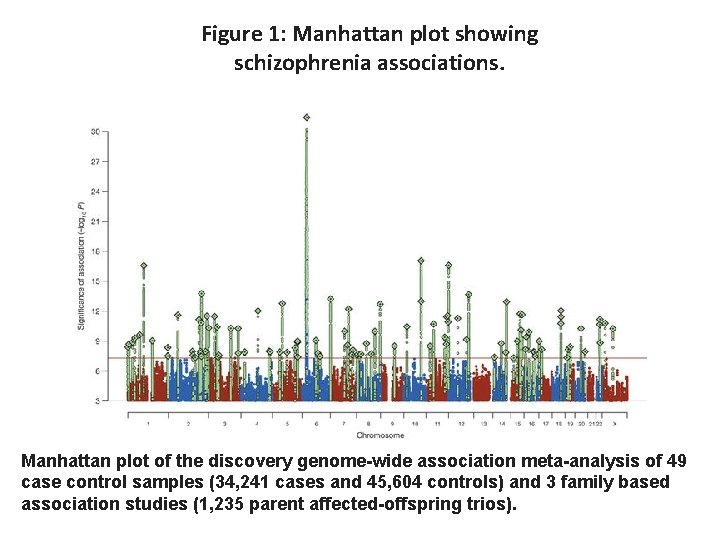 Figure 1: Manhattan plot showing schizophrenia associations. Manhattan plot of the discovery genome-wide association