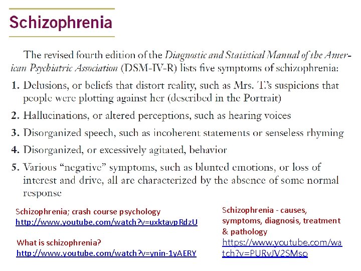 Schizophrenia; crash course psychology http: //www. youtube. com/watch? v=uxktavp. Rdz. U What is schizophrenia?