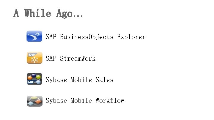 A While Ago… SAP Business. Objects Explorer SAP Stream. Work Sybase Mobile Sales Sybase