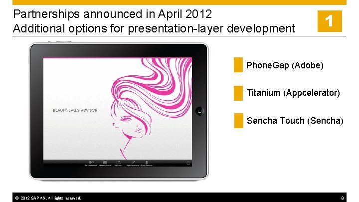 Partnerships announced in April 2012 Additional options for presentation-layer development 1 Phone. Gap (Adobe)