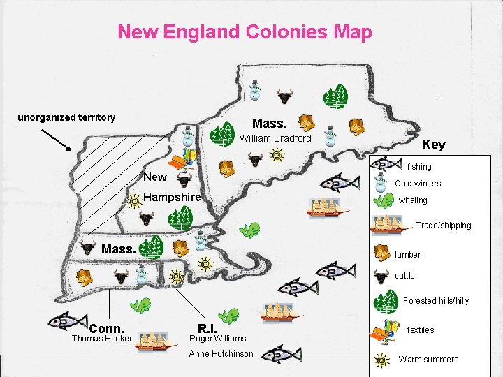 New England Colonies Map unorganized territory Mass. William Bradford Key fishing New Cold winters