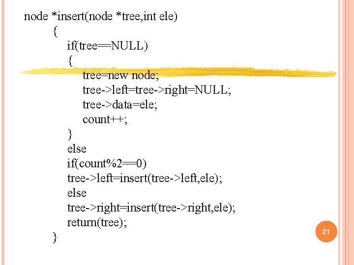 node *insert(node *tree, int ele) { if(tree==NULL) { tree=new node; tree->left=tree->right=NULL; tree->data=ele; count++; }