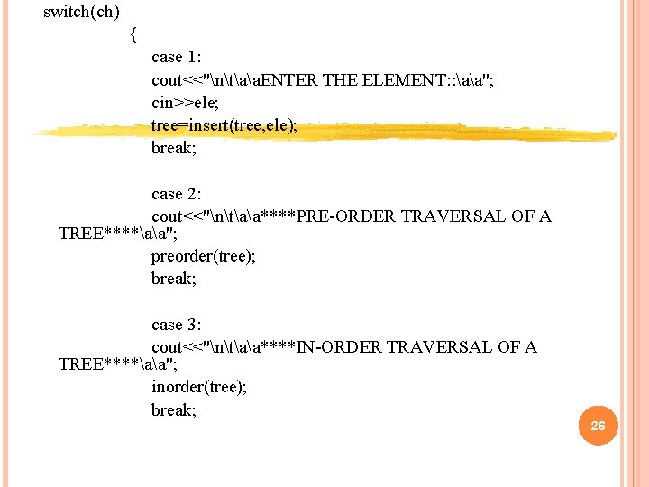 switch(ch) { case 1: cout<<"ntaa. ENTER THE ELEMENT: : aa"; cin>>ele; tree=insert(tree, ele); break; switch(ch) { case 1: cout<<"ntaa. ENTER THE ELEMENT: : aa"; cin>>ele; tree=insert(tree, ele); break;