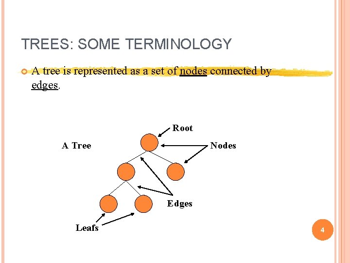 TREES: SOME TERMINOLOGY A tree is represented as a set of nodes connected by