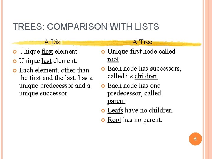 TREES: COMPARISON WITH LISTS A List Unique first element. Unique last element. Each element,