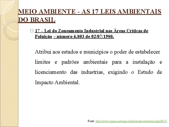 MEIO AMBIENTE - AS 17 LEIS AMBIENTAIS DO BRASIL � 17 – Lei do