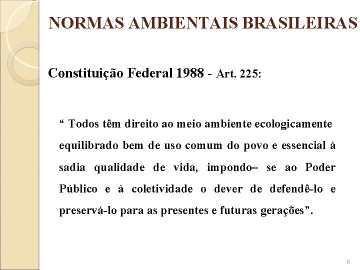 NORMAS AMBIENTAIS BRASILEIRAS Constituição Federal 1988 - Art. 225: “ Todos têm direito ao
