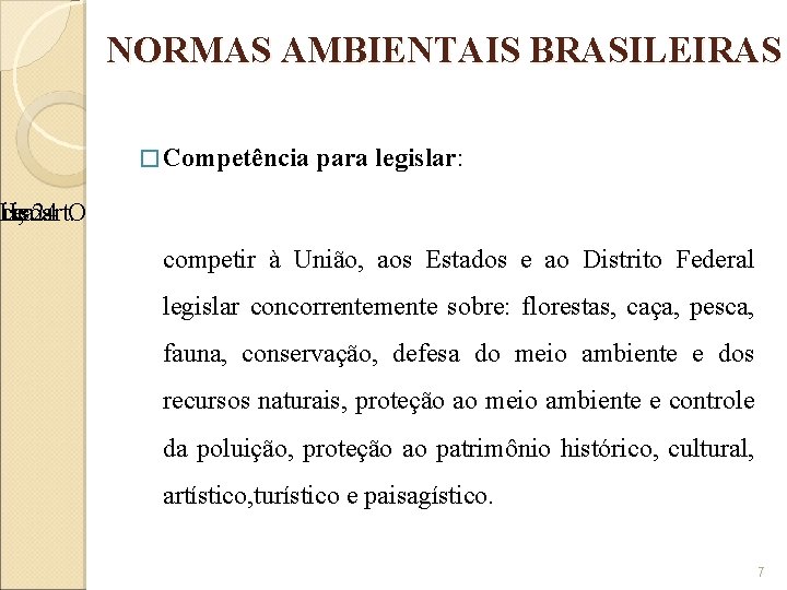 NORMAS AMBIENTAIS BRASILEIRAS � Competência para legislar: mina ncisos I I, e 24 art.