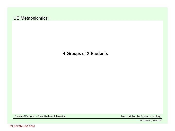 UE Metabolomics 4 Groups of 3 Students Stefanie Wienkoop – Plant Systems Interaction Dept.