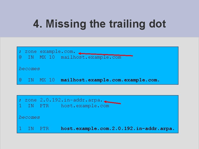 4. Missing the trailing dot ; zone example. com. @ IN MX 10 mailhost.