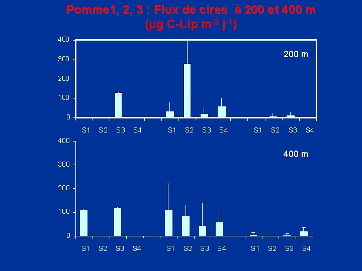 Pomme 1, 2, 3 : Flux de cires à 200 et 400 m (µg