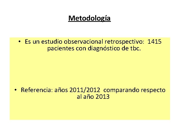 Metodología • Es un estudio observacional retrospectivo: 1415 pacientes con diagnóstico de tbc. •