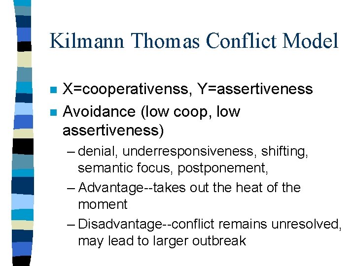 Kilmann Thomas Conflict Model n n X=cooperativenss, Y=assertiveness Avoidance (low coop, low assertiveness) –